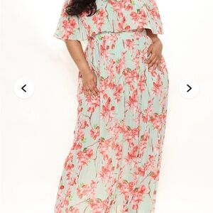 Fashion Nova Mint and Red Pleated Maxi Dress